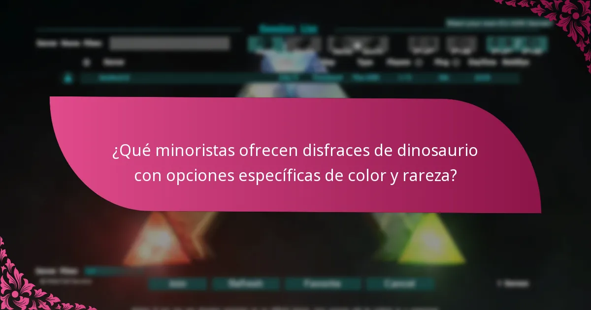 ¿Qué minoristas ofrecen disfraces de dinosaurio con opciones específicas de color y rareza?